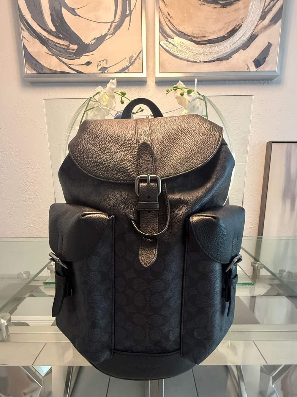 Coach Black Signature Logo Leather Top-Flap Backpack